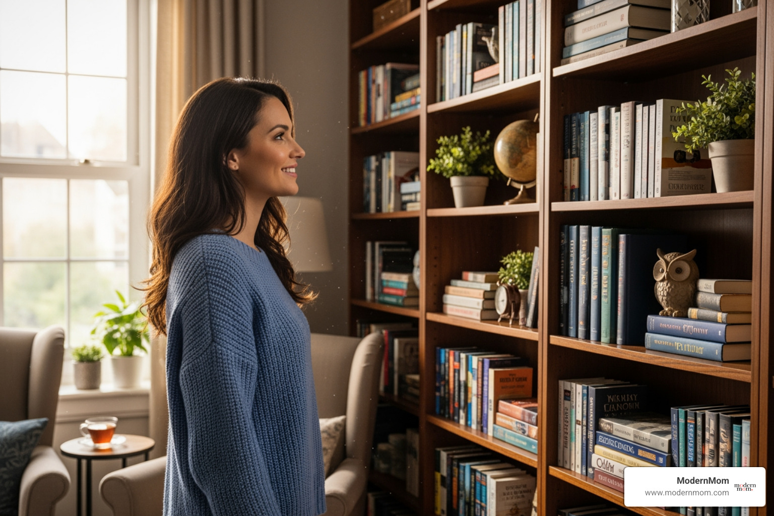 a woman smiling peacefully while looking at a clean, organized bookshelf - Decluttering Hacks a woman smiling peacefully while looking at a clean, organized bookshelf - Decluttering Hacks