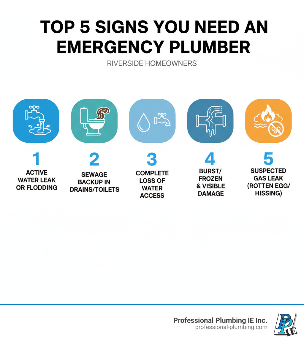 Infographic showing the top 5 signs you need an emergency plumber: 1. Water actively leaking or flooding your home, 2. Sewage backing up into drains or toilets, 3. Complete loss of water access throughout your home, 4. Burst or frozen pipes causing visible damage, 5. Suspected gas leak with rotten egg smell or hissing sounds - emergency plumber riverside infographic 