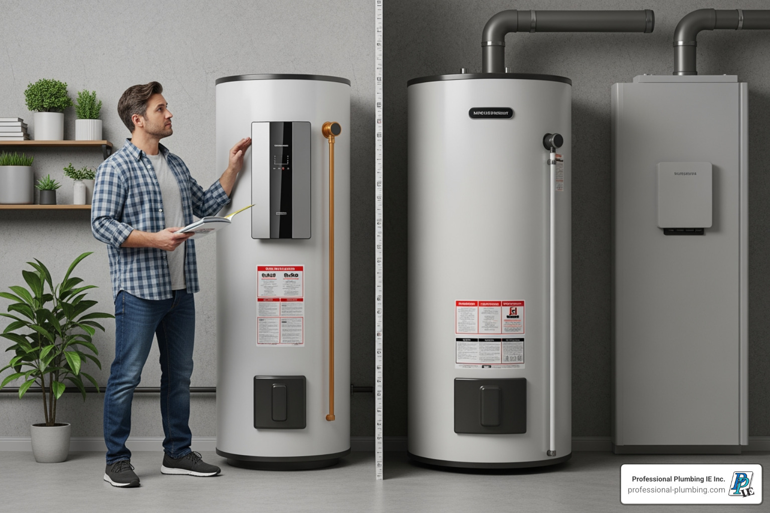 of a homeowner comparing a new tankless water heater with an old tank model - Water heater repair Riverside of a homeowner comparing a new tankless water heater with an old tank model - Water heater repair Riverside