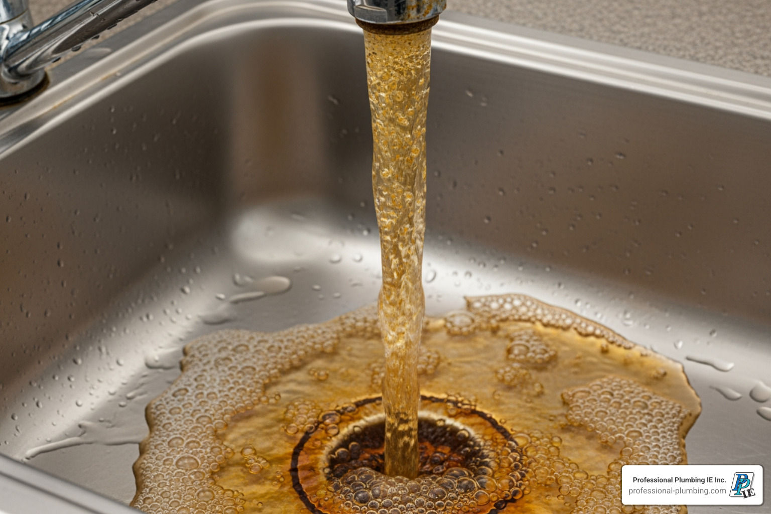 of discolored, rusty water pouring from a kitchen faucet - Water heater repair Riverside of discolored, rusty water pouring from a kitchen faucet - Water heater repair Riverside