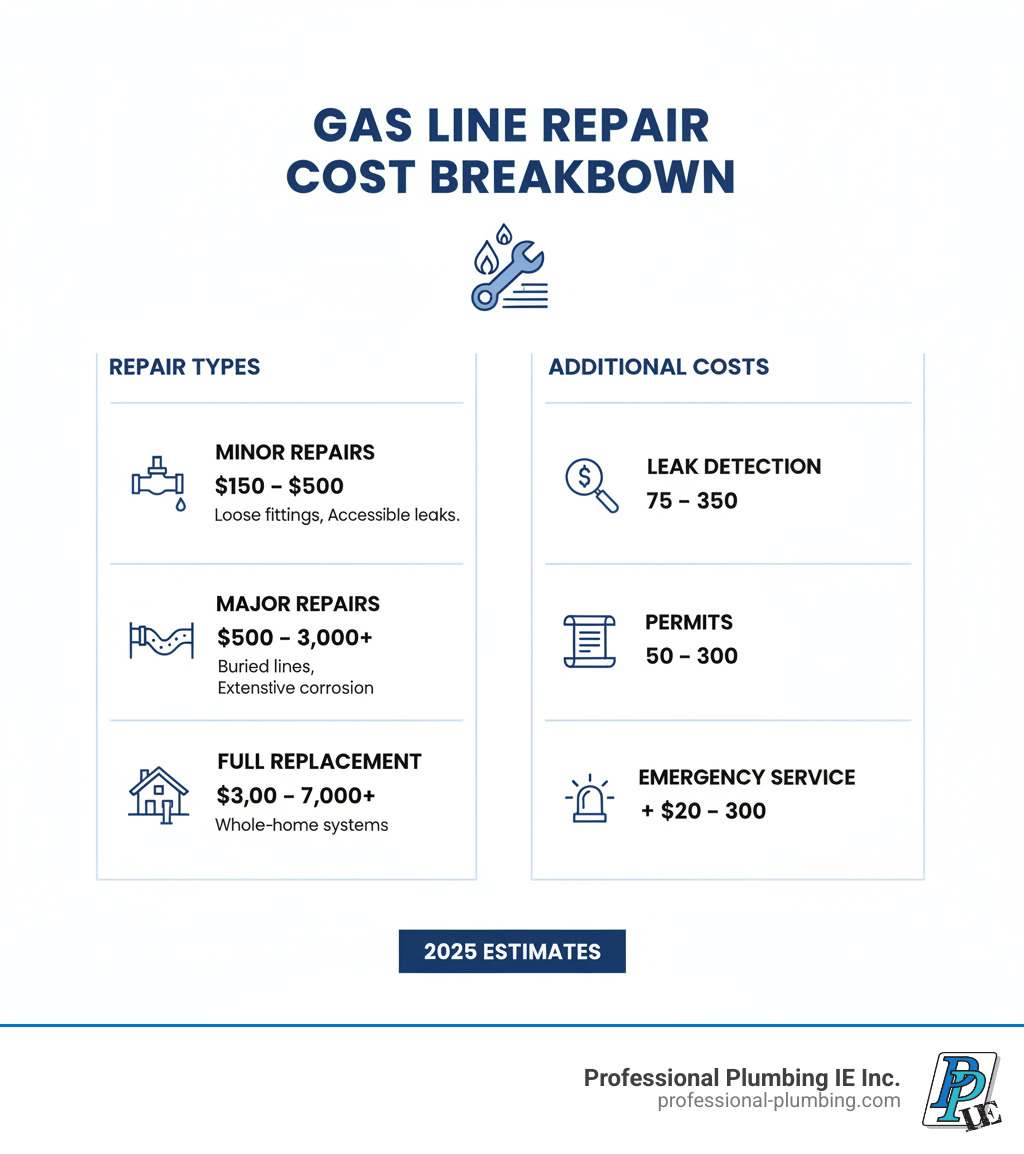 Infographic showing gas line repair cost breakdown: Minor repairs $150-$500 including loose fittings and accessible leaks; Major repairs $500-$3,000+ including buried lines and extensive corrosion; Full replacement $3,000-$7,000+ for whole-home systems; Additional costs include leak detection $75-$350, permits $50-$300, and emergency service fees $200-$300 - gas line repair cost infographic 
