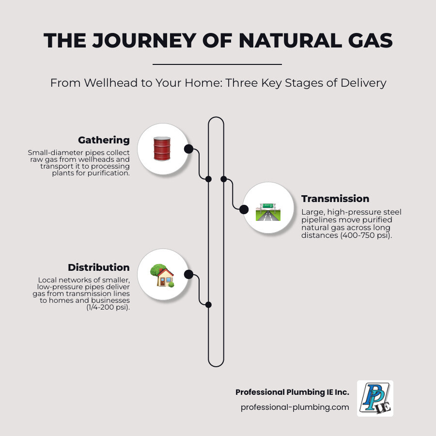 Infographic showing the three stages of natural gas delivery: Gathering lines collect gas from wellheads using small-diameter pipes, Transmission lines move gas long distances through large high-pressure steel pipes (20-42 inches, 400-750 psi), and Distribution lines deliver gas locally through smaller low-pressure pipes (2-24 inches, 1/4-200 psi) managed by local utilities to individual homes and businesses - gas distribution pipe infographic infographic-line-3-steps-elegant_beige Infographic showing the three stages of natural gas delivery: Gathering lines collect gas from wellheads using small-diameter pipes, Transmission lines move gas long distances through large high-pressure steel pipes (20-42 inches, 400-750 psi), and Distribution lines deliver gas locally through smaller low-pressure pipes (2-24 inches, 1/4-200 psi) managed by local utilities to individual homes and businesses - gas distribution pipe infographic infographic-line-3-steps-elegant_beige