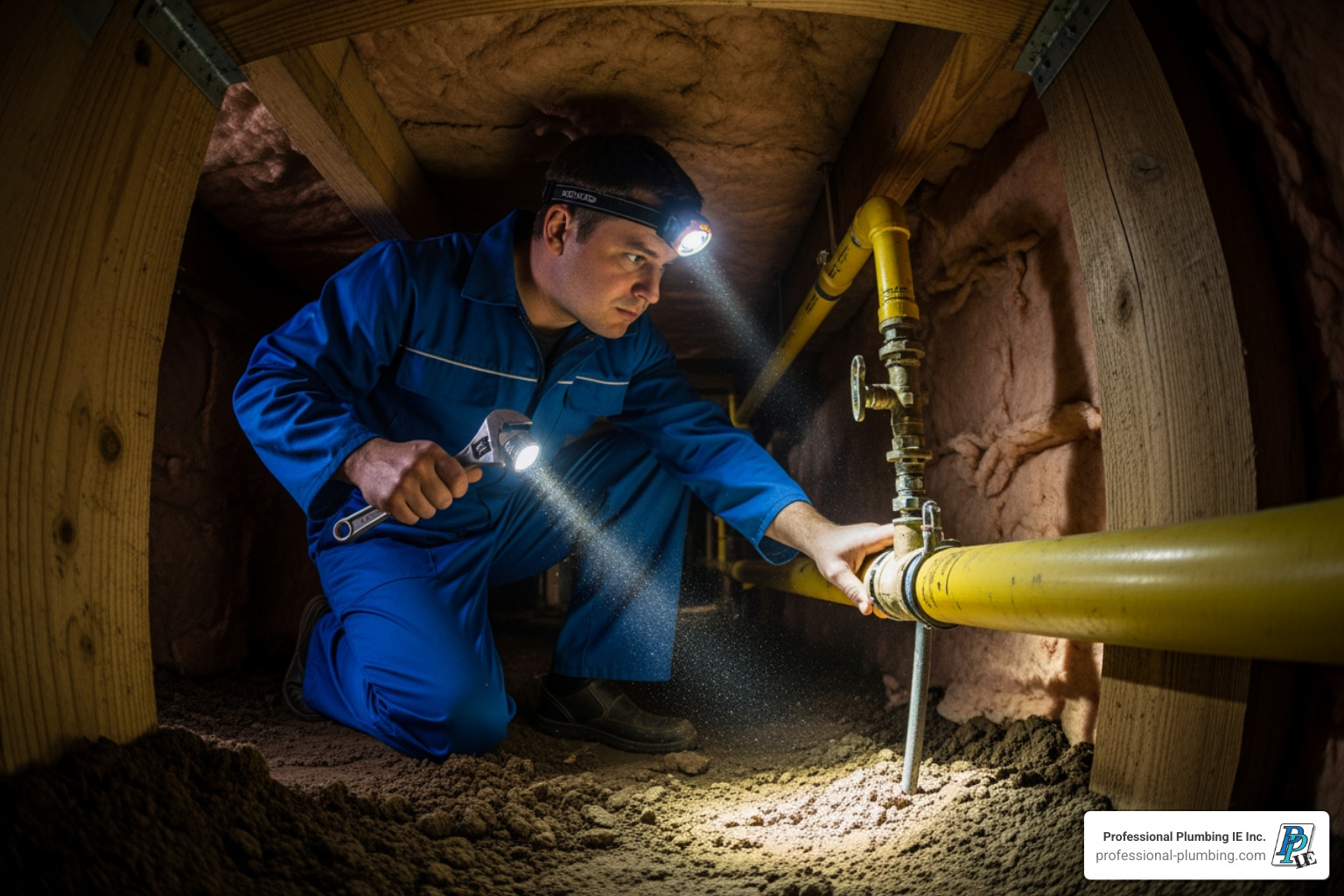 plumber inspecting gas line in crawl space - gas line repair cost