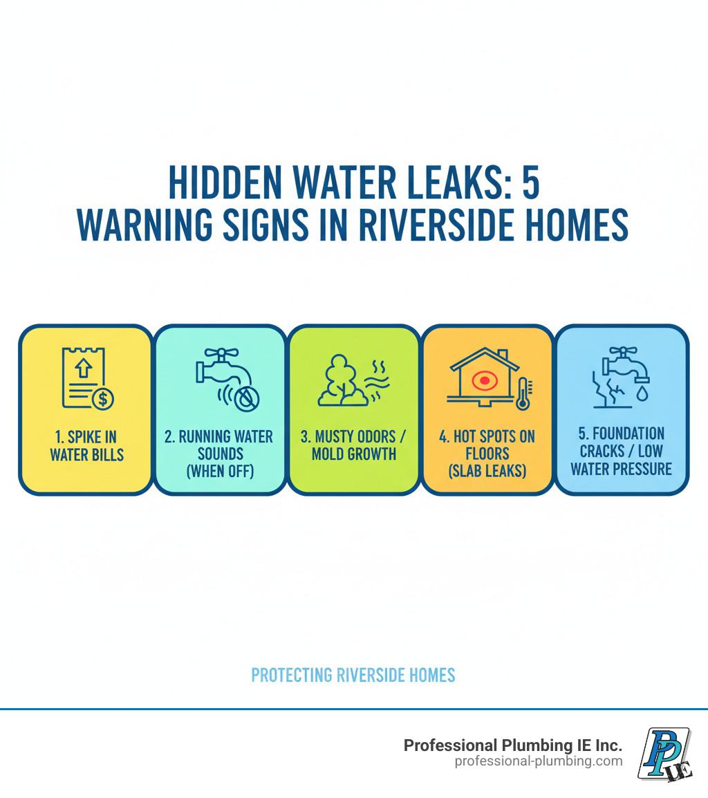 Infographic showing 5 common signs of a hidden water leak in Riverside homes: 1) Unexplained spike in water bills, 2) Sound of running water when fixtures are off, 3) Musty odors or visible mold growth, 4) Hot spots on floors indicating slab leaks, 5) Cracks in foundation or low water pressure - leak detection riverside infographic Infographic showing 5 common signs of a hidden water leak in Riverside homes: 1) Unexplained spike in water bills, 2) Sound of running water when fixtures are off, 3) Musty odors or visible mold growth, 4) Hot spots on floors indicating slab leaks, 5) Cracks in foundation or low water pressure - leak detection riverside infographic