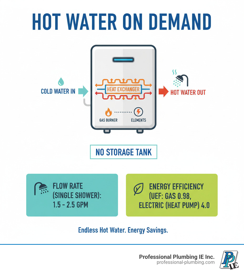 infographic showing how instantaneous hot water systems work, including cold water entering the unit, flowing through a heat exchanger powered by gas burner or electric elements, and delivering hot water on demand without storage tank, with comparison of flow rates 1.5-2.5 GPM for single shower and energy efficiency ratings UEF 0.98 for gas and 4.0 for electric heat pump models - best instantaneous hot water system infographic infographic showing how instantaneous hot water systems work, including cold water entering the unit, flowing through a heat exchanger powered by gas burner or electric elements, and delivering hot water on demand without storage tank, with comparison of flow rates 1.5-2.5 GPM for single shower and energy efficiency ratings UEF 0.98 for gas and 4.0 for electric heat pump models - best instantaneous hot water system infographic