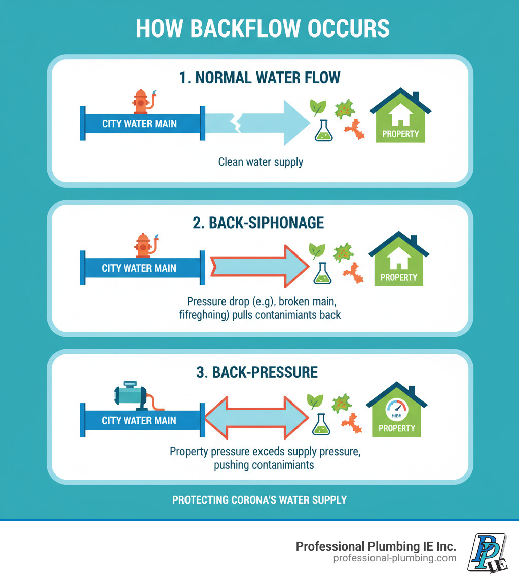 Infographic showing how backflow occurs: Top panel shows normal water flow from city main to property; middle panel shows back-siphonage when pressure drops (broken main, firefighting, etc.) pulling contaminated water backward; bottom panel shows back-pressure when property pressure exceeds supply pressure pushing contaminants into the public system. Arrows indicate flow direction and contamination sources like fertilizers, chemicals, and bacteria. - Backflow testing Corona infographic Infographic showing how backflow occurs: Top panel shows normal water flow from city main to property; middle panel shows back-siphonage when pressure drops (broken main, firefighting, etc.) pulling contaminated water backward; bottom panel shows back-pressure when property pressure exceeds supply pressure pushing contaminants into the public system. Arrows indicate flow direction and contamination sources like fertilizers, chemicals, and bacteria. - Backflow testing Corona infographic
