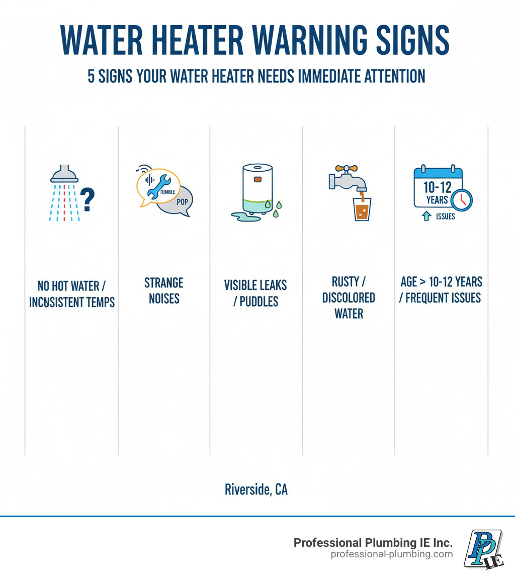 Infographic showing the top 5 signs your water heater needs immediate attention: 1. No hot water or inconsistent temperatures, 2. Strange noises like rumbling or popping sounds, 3. Visible leaks or puddles around the tank base, 4. Rusty or discolored water from faucets, 5. Water heater age exceeding 10-12 years with frequent issues - Water heater repair Riverside infographic Infographic showing the top 5 signs your water heater needs immediate attention: 1. No hot water or inconsistent temperatures, 2. Strange noises like rumbling or popping sounds, 3. Visible leaks or puddles around the tank base, 4. Rusty or discolored water from faucets, 5. Water heater age exceeding 10-12 years with frequent issues - Water heater repair Riverside infographic