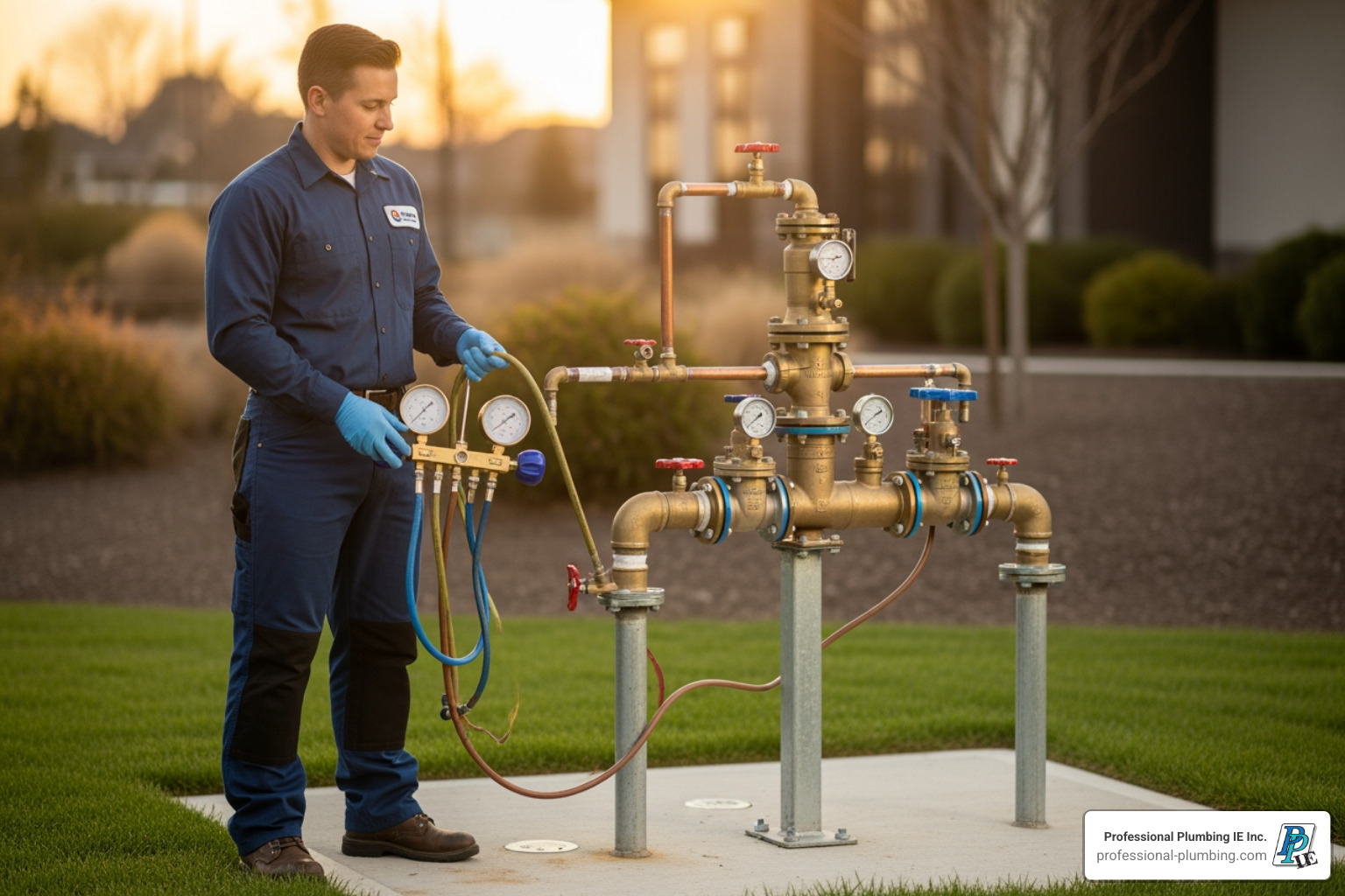 certified technician with a testing kit next to a backflow device - Backflow testing Corona certified technician with a testing kit next to a backflow device - Backflow testing Corona