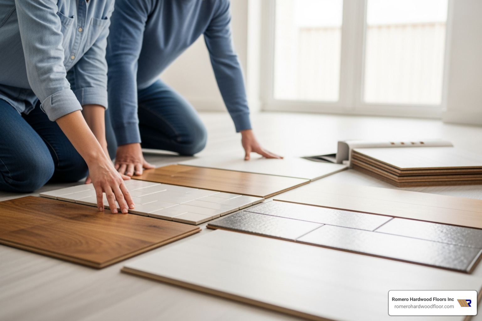 homeowner looking at various flooring samples like hardwood, tile, and laminate - floor installation contractor homeowner looking at various flooring samples like hardwood, tile, and laminate - floor installation contractor