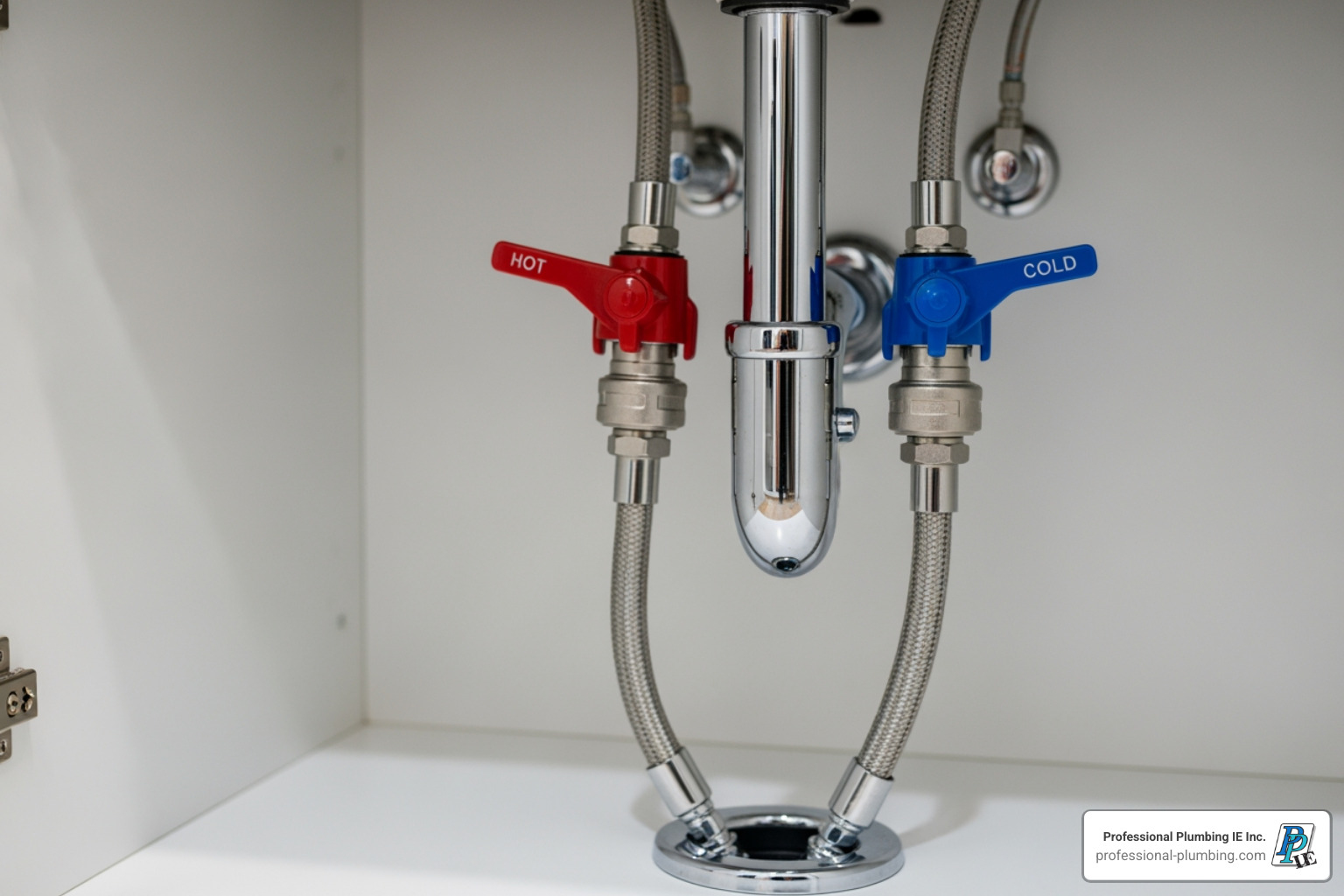 Water shut-off valves located under a bathroom sink, clearly labeled for hot and cold water lines - bathroom sink leak repair Water shut-off valves located under a bathroom sink, clearly labeled for hot and cold water lines - bathroom sink leak repair