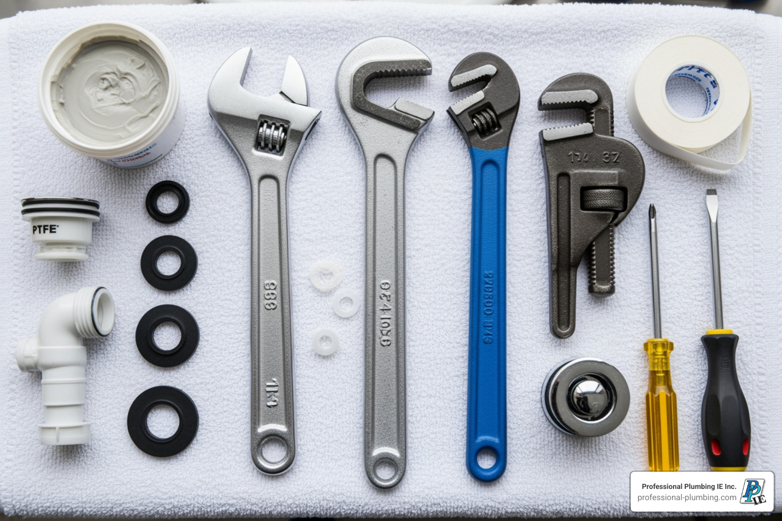 Essential tools and materials for bathroom sink leak repair, including wrenches, plumber's putty, plumber's tape, screwdrivers, and replacement parts laid out on a clean towel - bathroom sink leak repair Essential tools and materials for bathroom sink leak repair, including wrenches, plumber's putty, plumber's tape, screwdrivers, and replacement parts laid out on a clean towel - bathroom sink leak repair