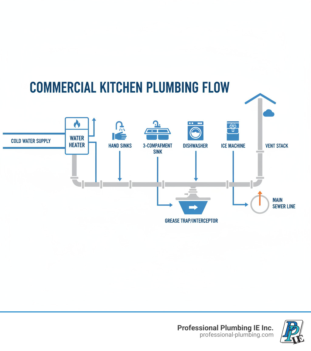 Infographic showing commercial kitchen plumbing flow: cold water supply line connects to water heater, then to fixtures (hand sinks, three-compartment sinks, dishwasher, ice machine); waste flows from all fixtures through grease trap/interceptor before reaching main sewer line; separate vent stack rises from drainage system through roof - commercial kitchen plumbing infographic 