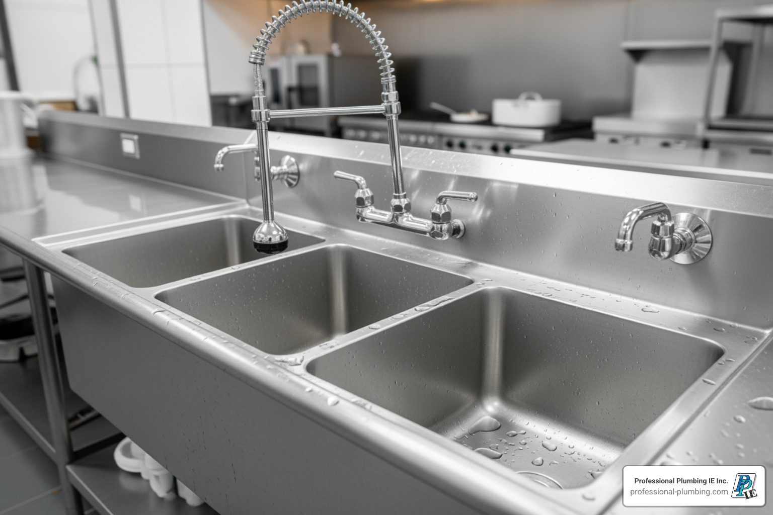 A shiny, stainless steel three-compartment sink with a pre-rinse spray unit attached, ready for heavy-duty use in a commercial kitchen. - commercial kitchen plumbing