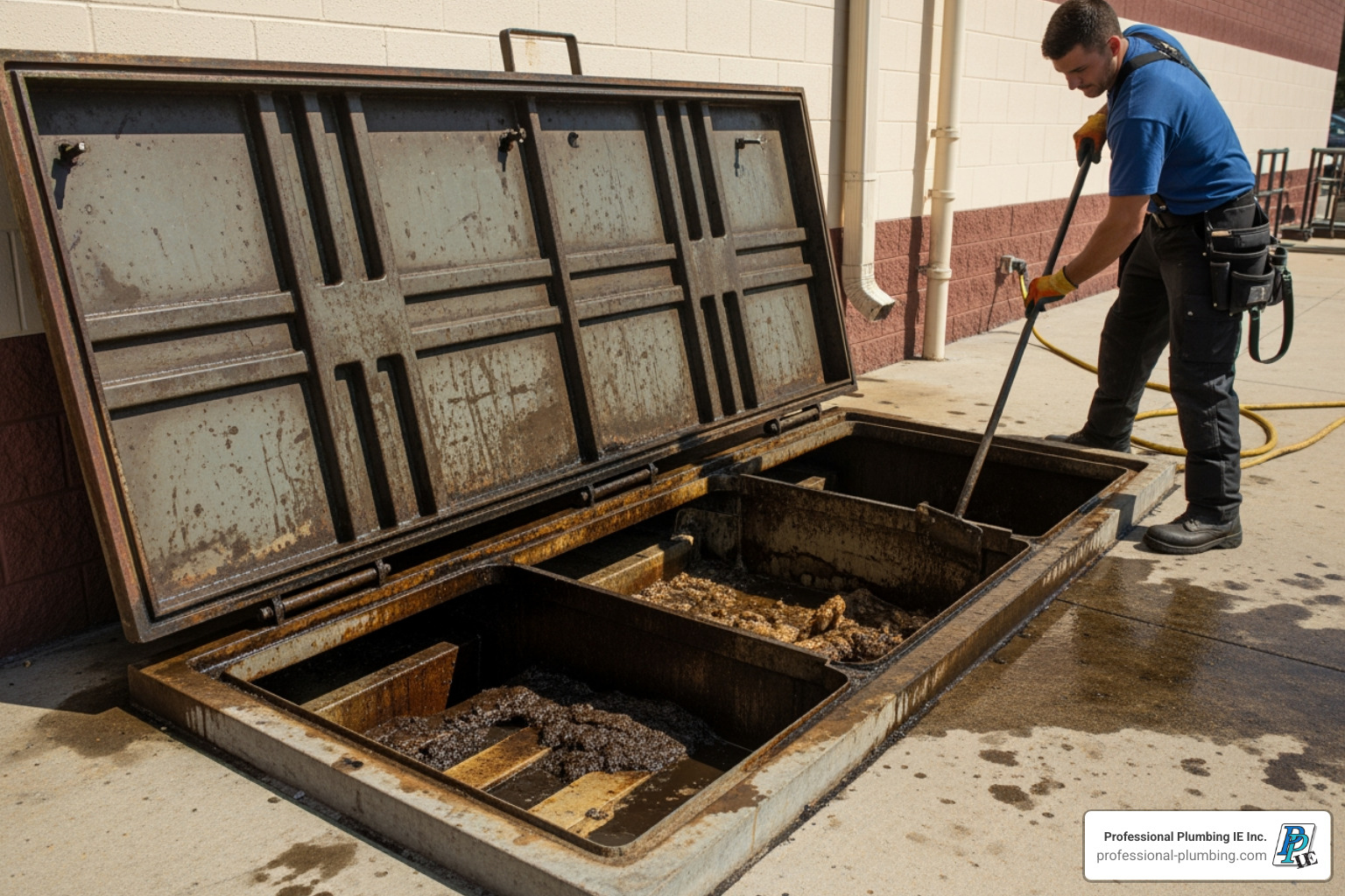 A large outdoor grease interceptor with its lid open, showing the internal baffles and accumulated grease, being serviced by a technician. - commercial kitchen plumbing