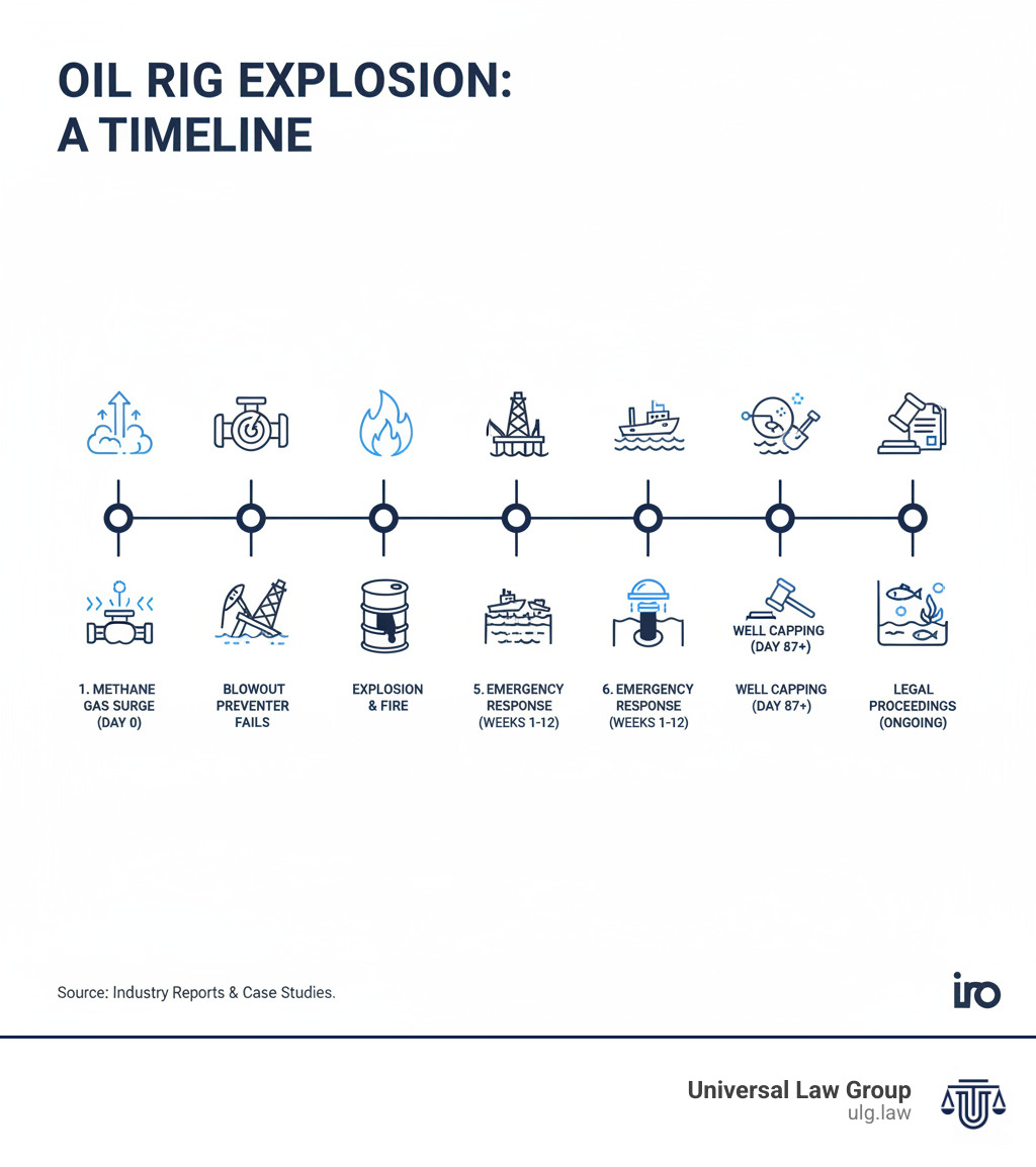 Infographic showing the timeline of an oil rig explosion: 1) Methane gas surge breaches well containment (Day 0), 2) Blowout preventer fails to seal the well, 3) Gas ignites causing explosion and fire, 4) Rig sinks within 36 hours, 5) Uncontrolled oil release begins, 6) Emergency response and containment efforts (Weeks 1-12), 7) Well capping and sealing operations (Day 87+), 8) Long-term cleanup and restoration (Years 1-10+), 9) Legal proceedings and settlements (Ongoing) - oil rig explosion infographic 