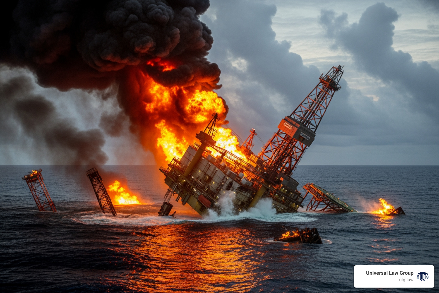 Deepwater Horizon rig sinking into the Gulf of Mexico - oil rig explosion