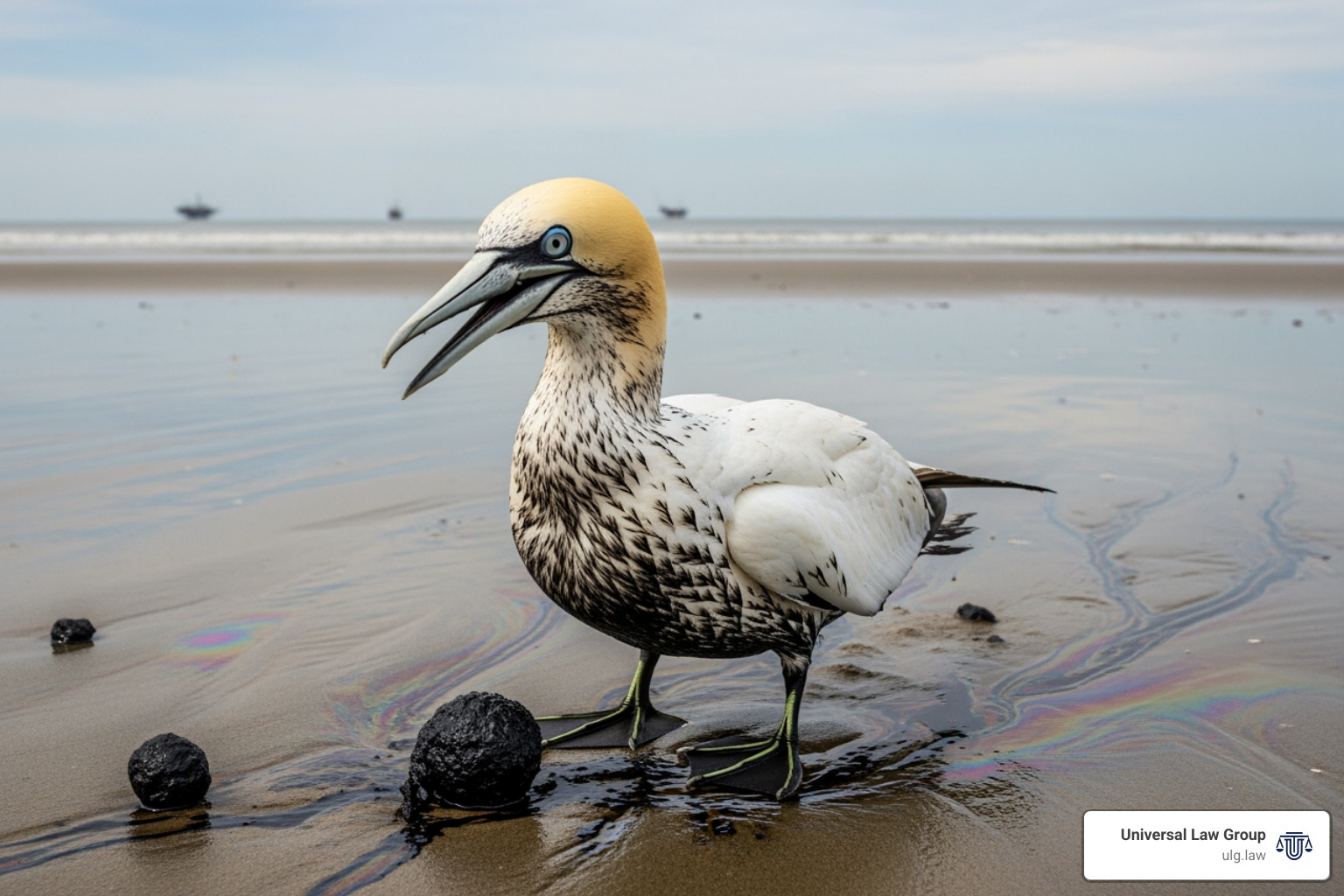 Oil-covered bird on a Gulf Coast beach - oil rig explosion