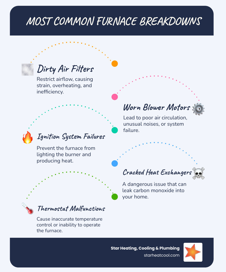 Infographic showing the most common reasons furnaces break down, including dirty filters restricting airflow, worn blower motors, ignition system failures, cracked heat exchangers, thermostat malfunctions, and lack of annual maintenance - furnace repair in carmel, in infographic infographic-line-5-steps-blues-accent_colors