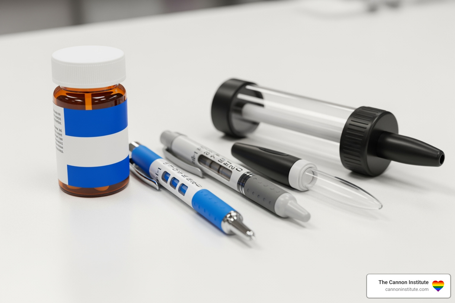 A collection of various non-identifiable medical treatment options for erectile dysfunction, such as pill bottles, injection pens, and a vacuum device, arranged neatly on a surface. - erectile dysfunction therapy