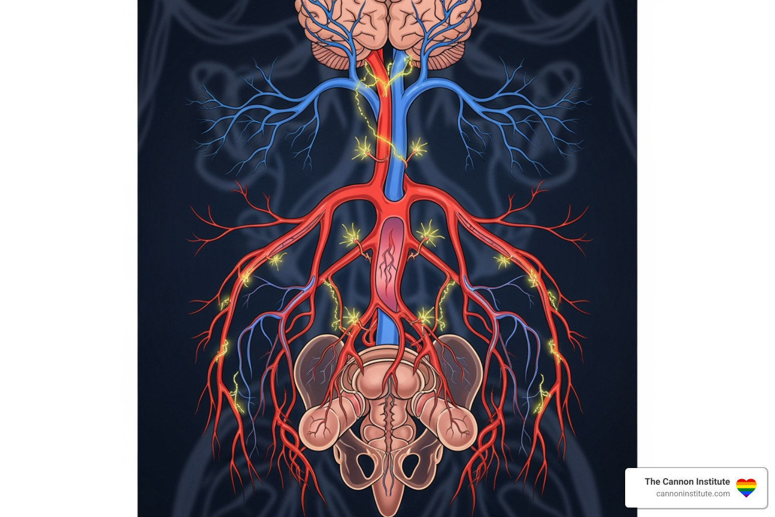 A stylized image illustrating the connection between the brain, nerves, and blood vessels in an erection, highlighting the complex interplay of systems required for erectile function. - erectile dysfunction therapy