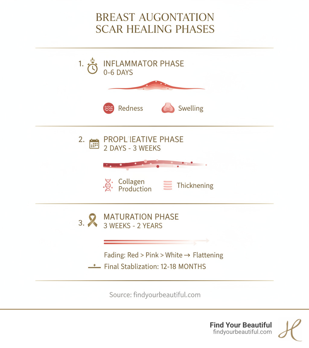 Infographic showing the three phases of breast augmentation scar healing: Inflammatory Phase (0-6 days) with redness and swelling, Proliferative Phase (2 days to 3 weeks) with collagen production and thickening, and Maturation Phase (3 weeks to 2 years) with flattening, fading from red to pink to white, and final stabilization at 12-18 months - breast augmentation scars infographic Infographic showing the three phases of breast augmentation scar healing: Inflammatory Phase (0-6 days) with redness and swelling, Proliferative Phase (2 days to 3 weeks) with collagen production and thickening, and Maturation Phase (3 weeks to 2 years) with flattening, fading from red to pink to white, and final stabilization at 12-18 months - breast augmentation scars infographic