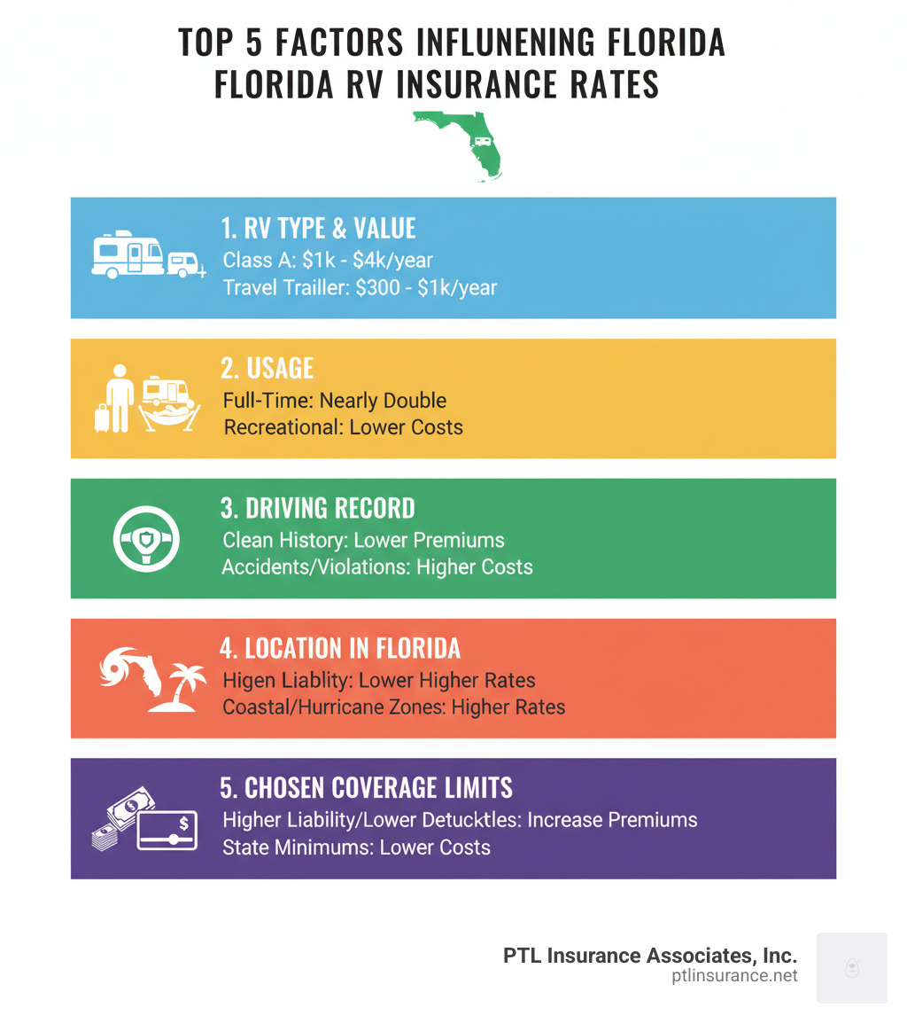 Infographic showing the top 5 factors that influence Florida RV insurance rates: 1. RV Type & Value - Class A motorhomes cost $1,000-$4,000/year while travel trailers cost $300-$1,000/year; 2. Usage - Full-time RVers pay nearly double compared to recreational users; 3. Driving Record - Clean driving history leads to lower premiums, accidents and violations increase costs; 4. Location in Florida - Coastal areas and hurricane-prone zones may have higher rates; 5. Chosen Coverage Limits - Higher liability limits and lower deductibles increase premiums, while state minimums keep costs lower - RV insurance rates Florida infographic 