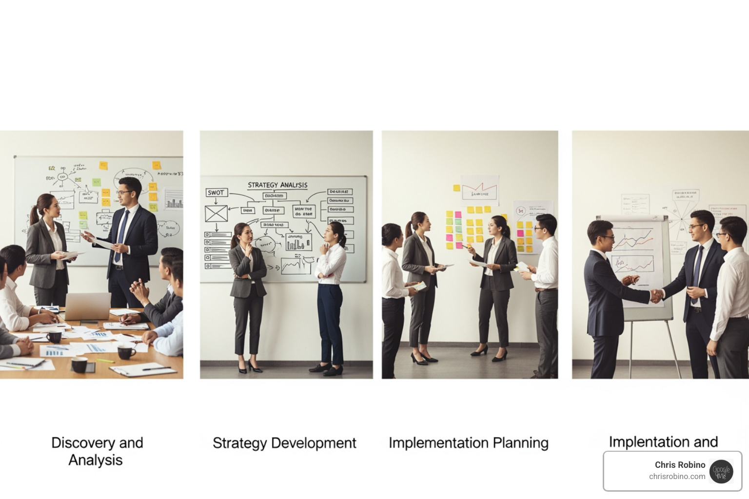 illustrating the phased consulting process from findy to implementation - Business growth consultant