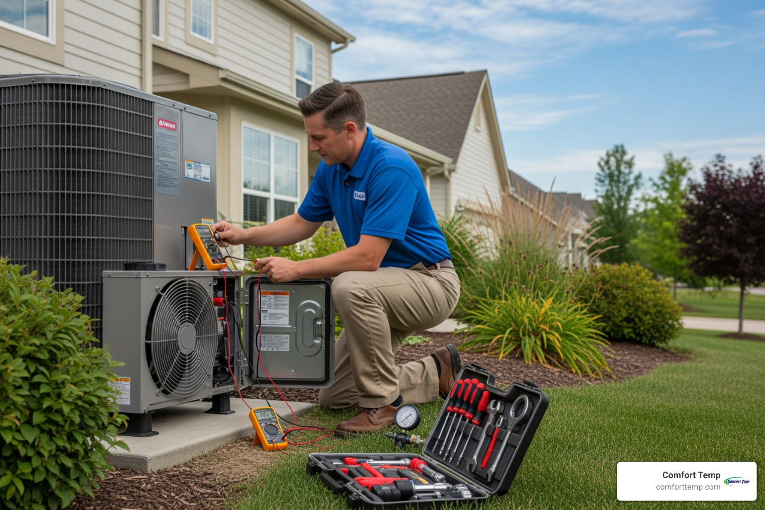 Certified technician performing maintenance on a modern heat pump - Jacksonville heating company Certified technician performing maintenance on a modern heat pump - Jacksonville heating company
