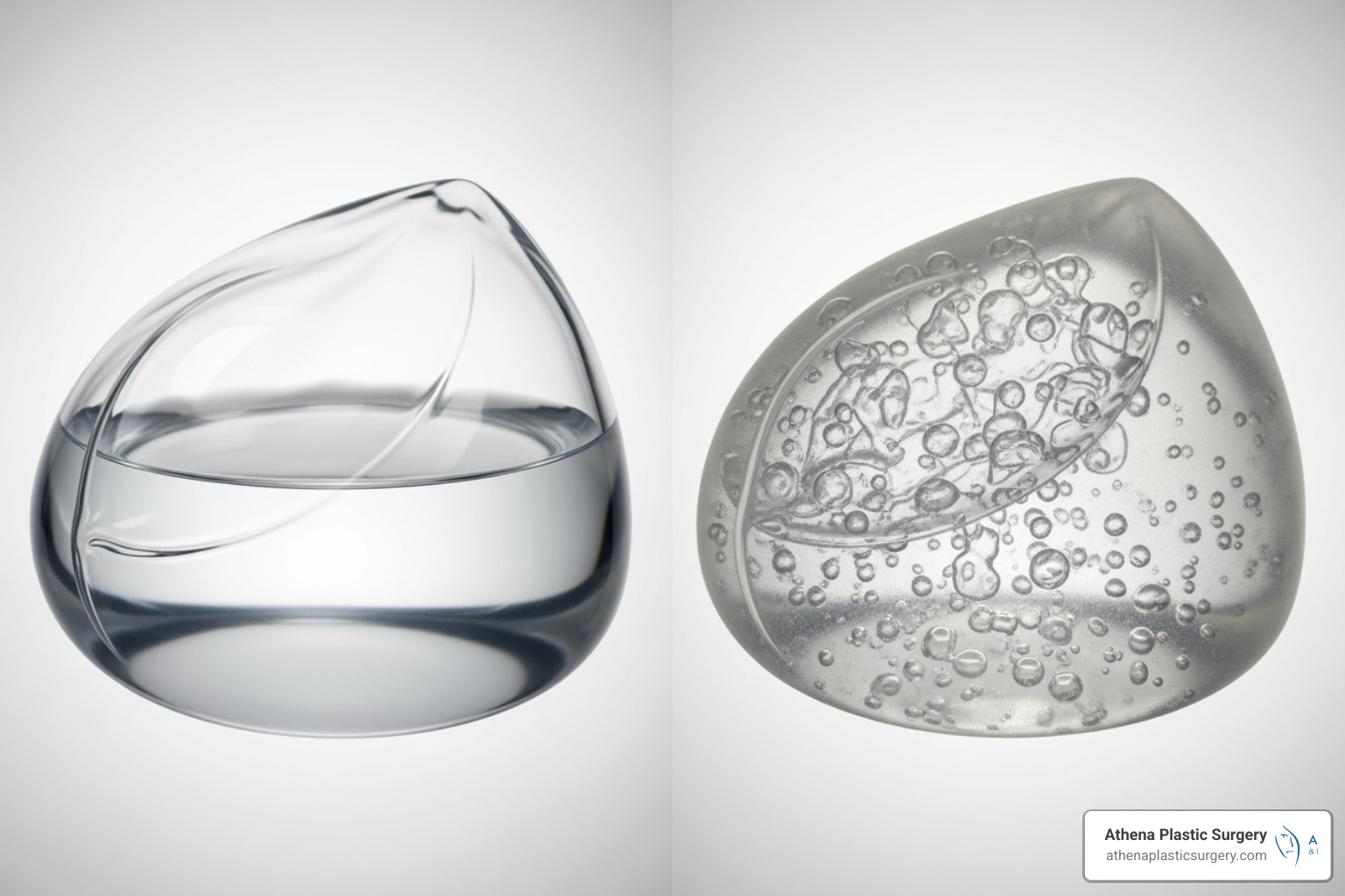 side-by-side comparison of a saline and a silicone implant - breast implant types