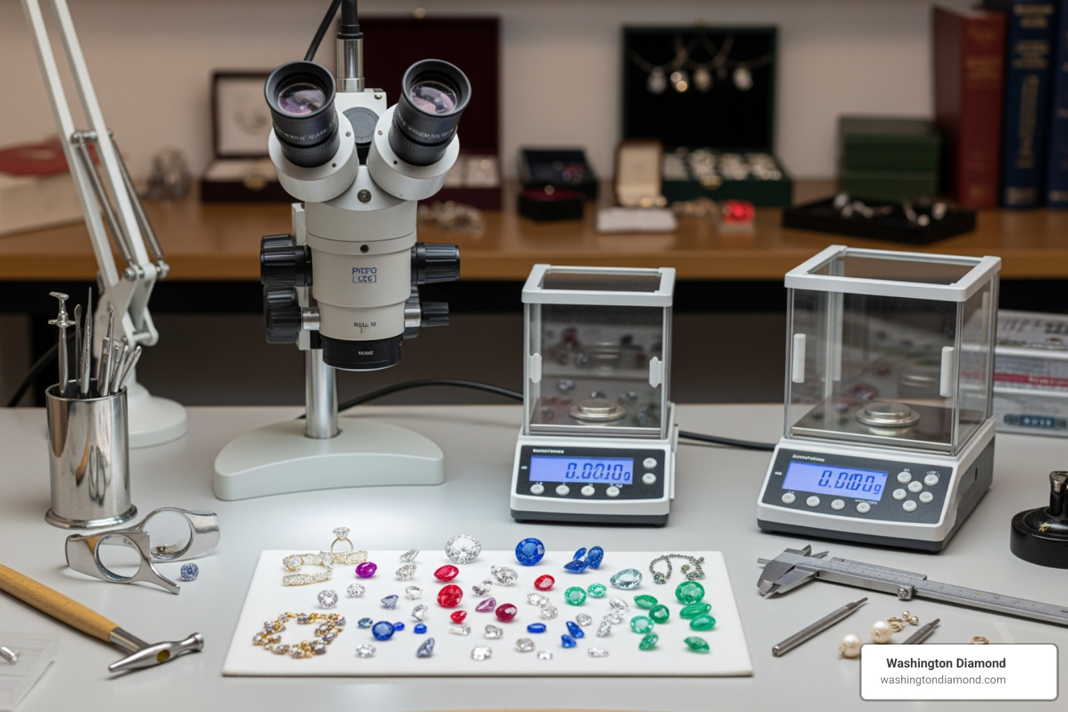 various gemological tools like a microscope, scales, and calipers - Jewelry appraisal Washington DC
