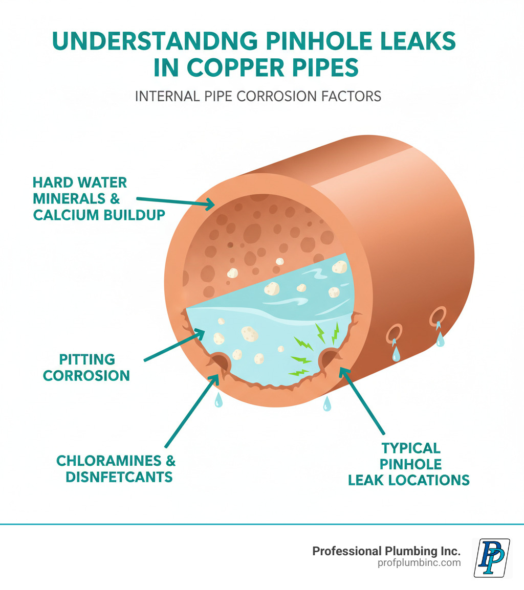 infographic showing cross-section of copper pipe with pitting corrosion, hard water mineral buildup, and chloramines attacking pipe wall from inside, with labels indicating water chemistry factors and typical locations where pinhole leaks develop - fix pinhole leak in copper pipe infographic 