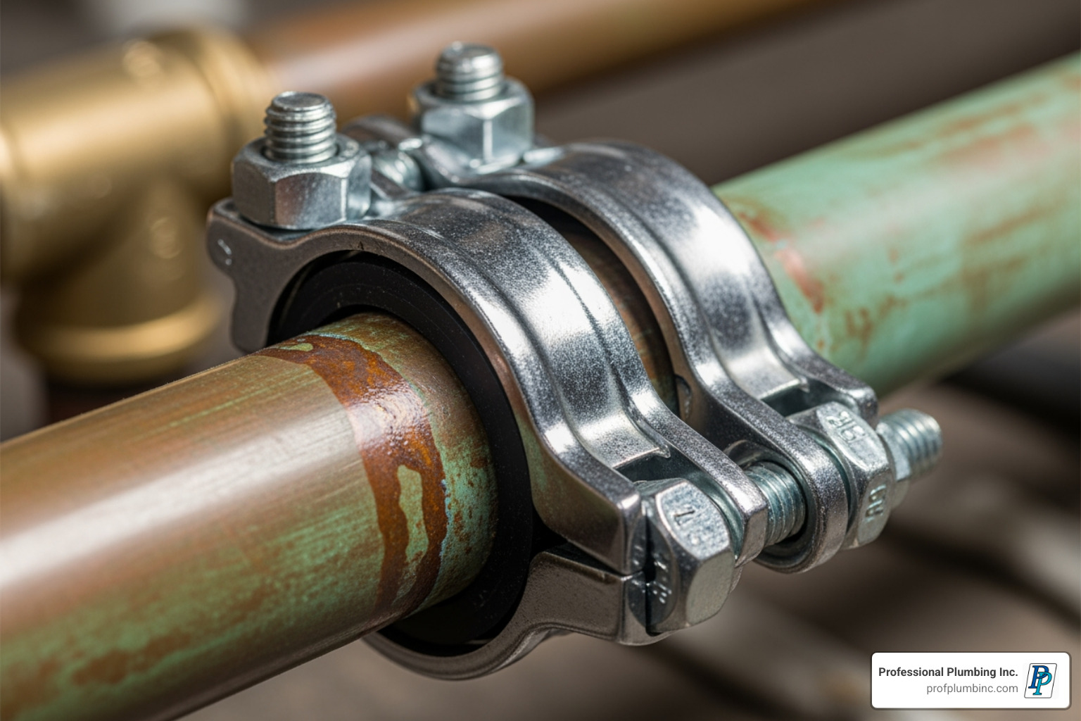 pipe repair clamp installed on a copper pipe - fix pinhole leak in copper pipe