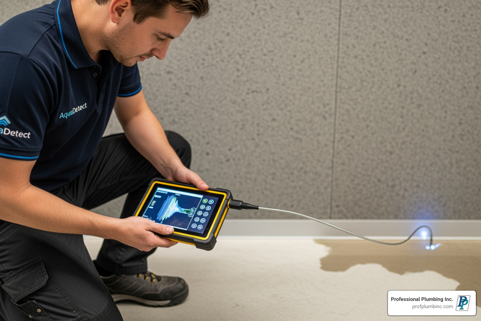 a technician performing electronic leak detection - commercial plumbing huntington beach