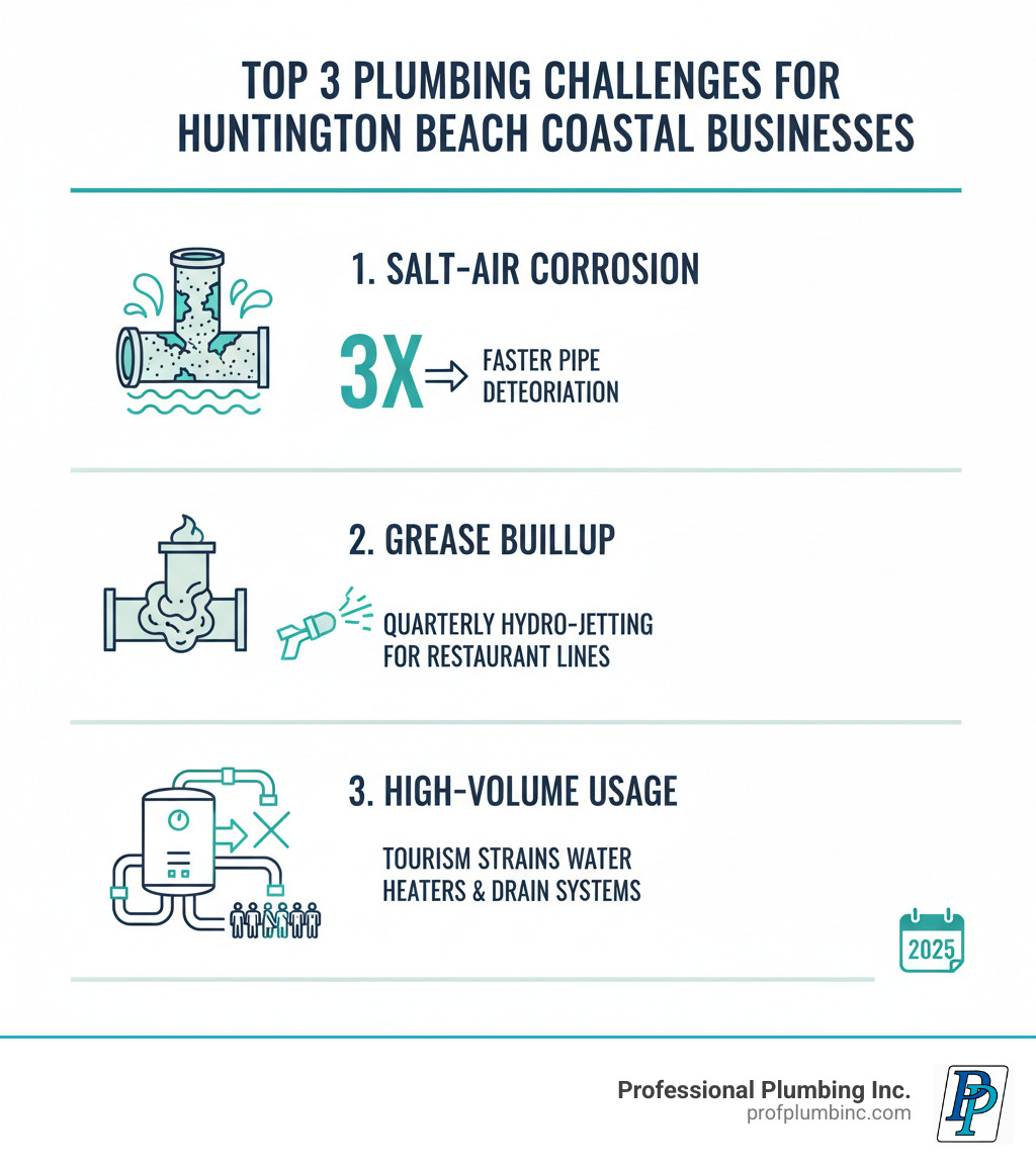 Infographic showing the top 3 plumbing challenges for Huntington Beach coastal businesses: 1) Salt-air corrosion accelerating pipe deterioration by 3x, 2) Grease buildup in restaurant lines requiring quarterly hydro-jetting, and 3) High-volume usage from tourism traffic straining water heaters and drain systems - commercial plumbing huntington beach infographic 
