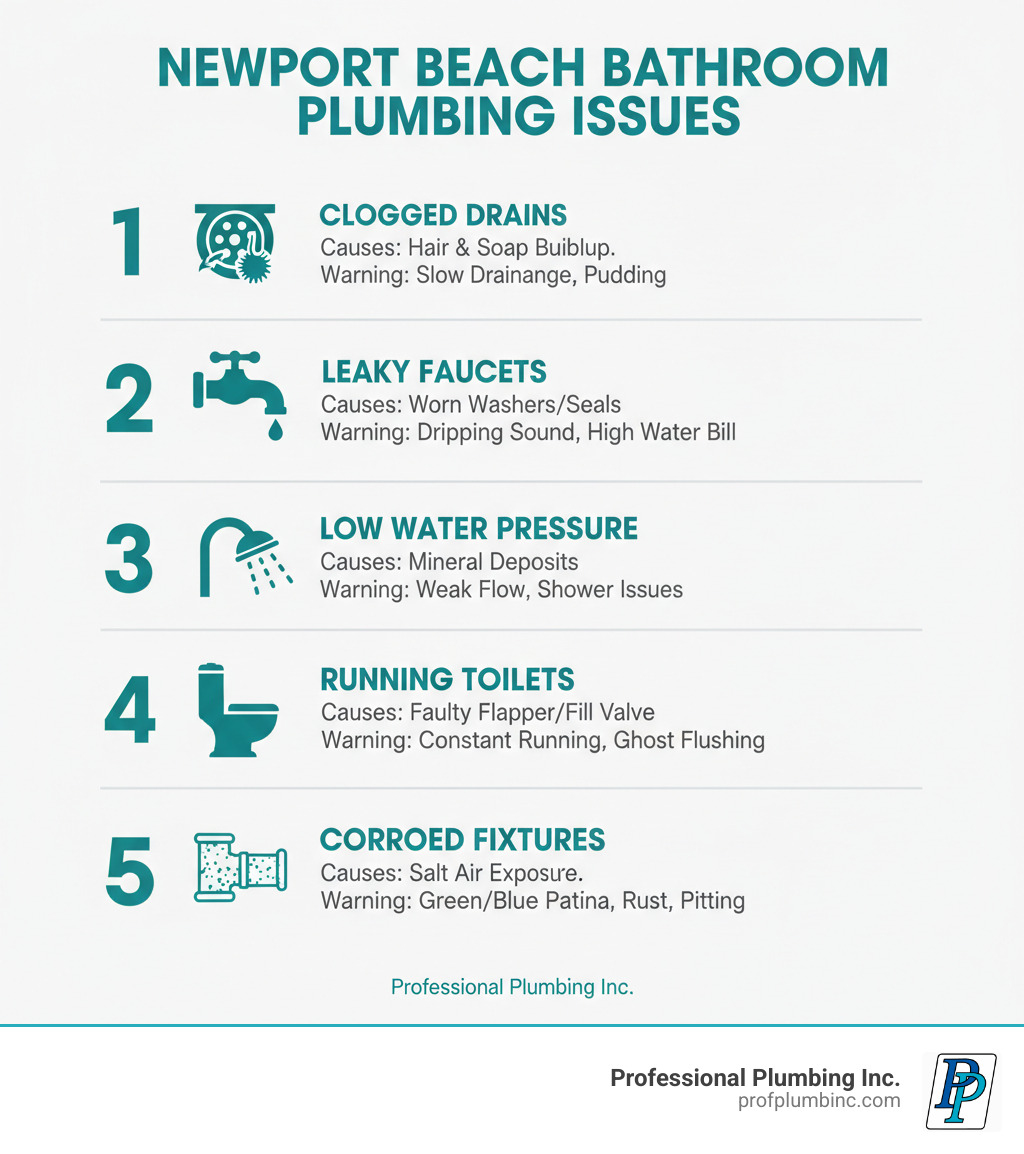 Infographic showing the 5 most common bathroom plumbing issues in Newport Beach area homes: 1) Clogged drains from hair and soap buildup, 2) Leaky faucets wasting thousands of gallons per year, 3) Low water pressure from mineral deposits, 4) Running toilets increasing water bills, 5) Corroded fixtures from salt air exposure, with causes and warning signs for each - bathroom plumbing newport beach ca infographic Infographic showing the 5 most common bathroom plumbing issues in Newport Beach area homes: 1) Clogged drains from hair and soap buildup, 2) Leaky faucets wasting thousands of gallons per year, 3) Low water pressure from mineral deposits, 4) Running toilets increasing water bills, 5) Corroded fixtures from salt air exposure, with causes and warning signs for each - bathroom plumbing newport beach ca infographic