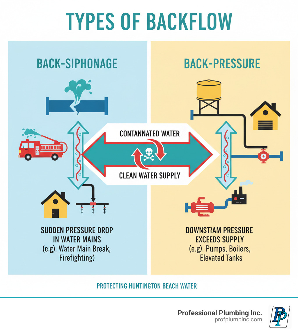 Infographic showing the two types of backflow: back-siphonage (caused by sudden pressure drop in water mains from events like water main breaks or firefighting) and back-pressure (caused by downstream pressure exceeding supply pressure from pumps, boilers, or elevated tanks), with arrows illustrating contaminated water flowing backward into clean water supply - Backflow testing Huntington Beach infographic 