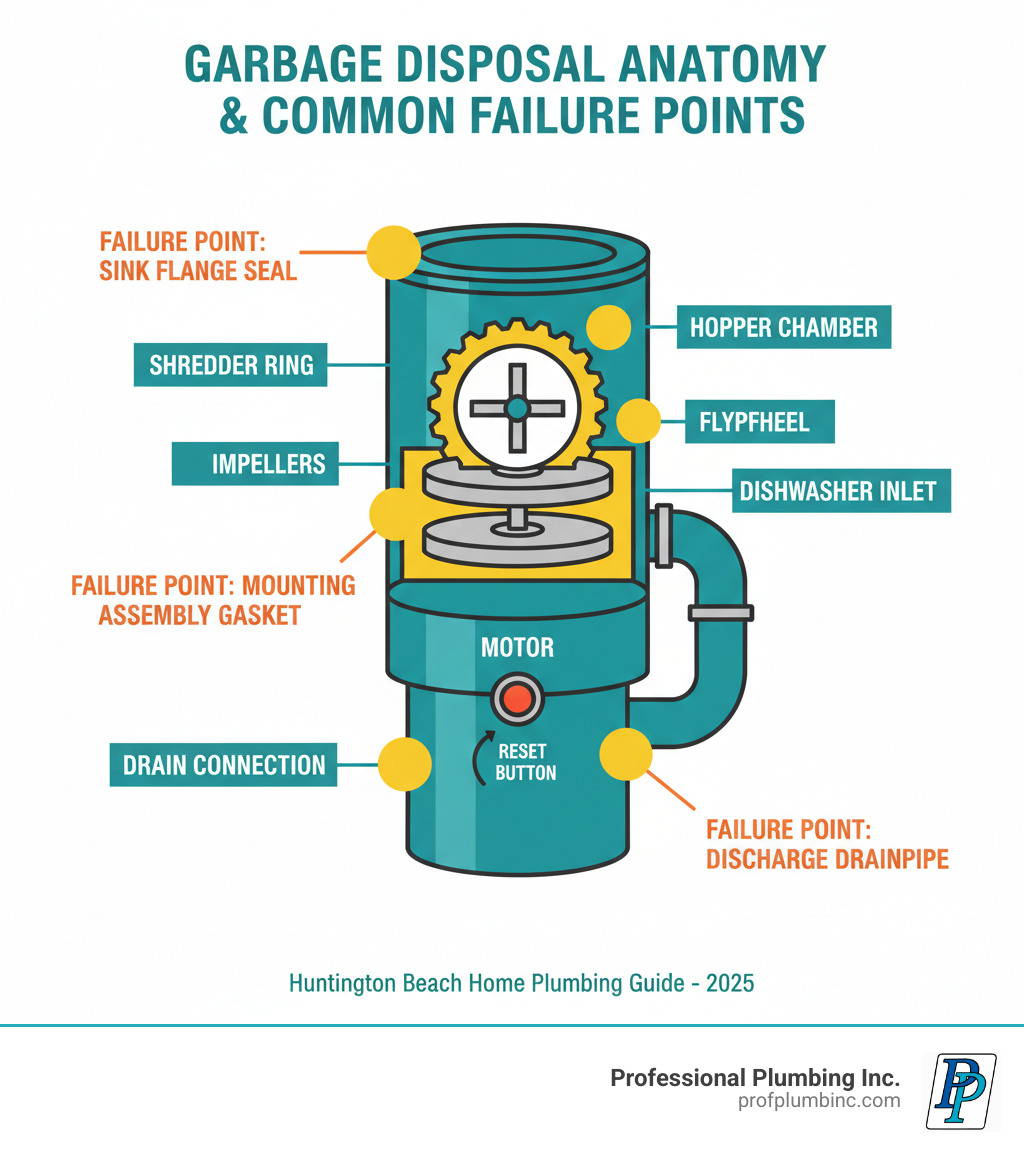 Infographic showing the anatomy of a garbage disposal unit including the hopper chamber, shredder ring, impellers, flywheel, motor, reset button location on the bottom, dishwasher inlet, and drain connections, with labels for common failure points like the sink flange seal, mounting assembly gasket, and discharge drainpipe - Garbage disposal repair Huntington Beach infographic Infographic showing the anatomy of a garbage disposal unit including the hopper chamber, shredder ring, impellers, flywheel, motor, reset button location on the bottom, dishwasher inlet, and drain connections, with labels for common failure points like the sink flange seal, mounting assembly gasket, and discharge drainpipe - Garbage disposal repair Huntington Beach infographic