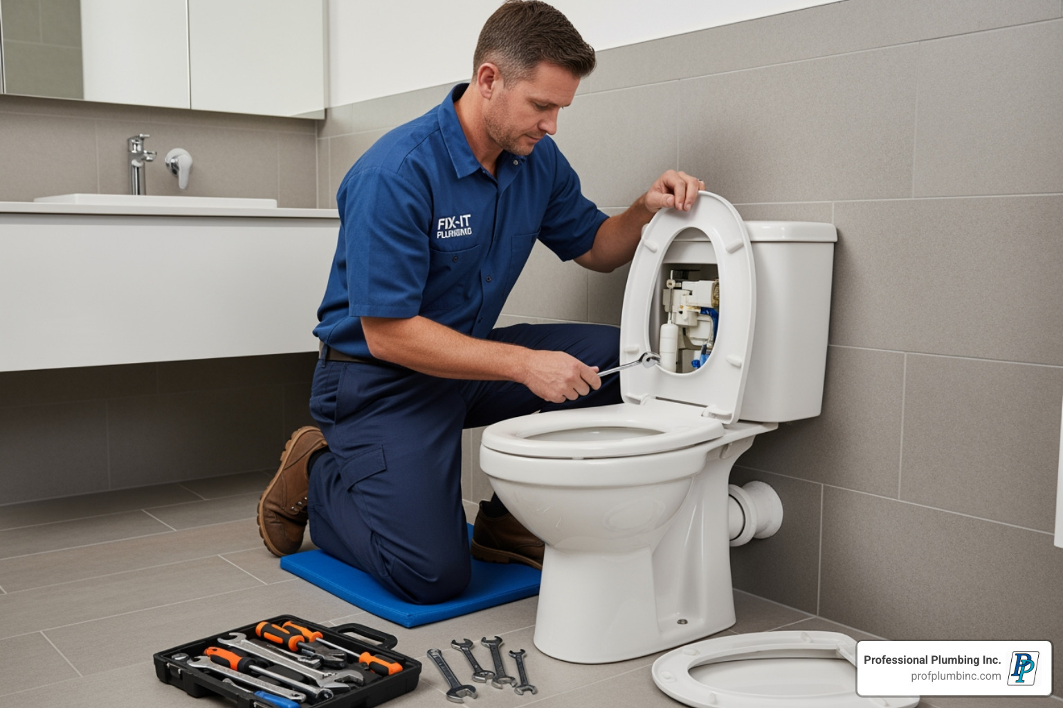 Professional Plumbing Inc. technician repairing a running toilet - bathroom plumbing newport beach ca Professional Plumbing Inc. technician repairing a running toilet - bathroom plumbing newport beach ca