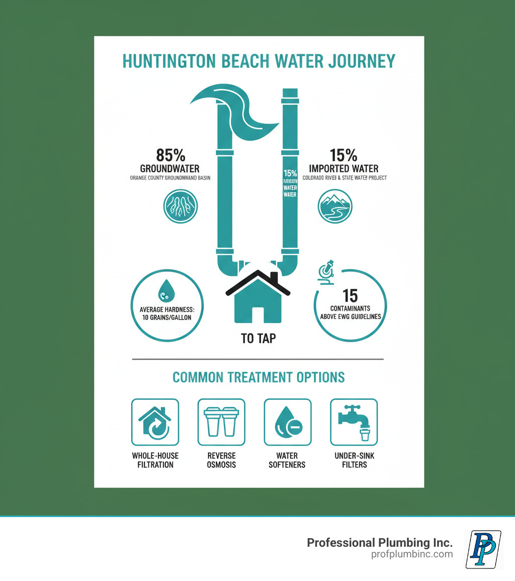 Infographic showing Huntington Beach water journey from source to tap, displaying the 85% groundwater from Orange County Groundwater Basin and 15% imported water from Colorado River and State Water Project, with callouts showing average hardness of 10 grains per gallon, 15 contaminants detected above EWG guidelines, and common treatment options including whole-house filtration, reverse osmosis, water softeners, and under-sink filters - Water filtration Huntington Beach infographic Infographic showing Huntington Beach water journey from source to tap, displaying the 85% groundwater from Orange County Groundwater Basin and 15% imported water from Colorado River and State Water Project, with callouts showing average hardness of 10 grains per gallon, 15 contaminants detected above EWG guidelines, and common treatment options including whole-house filtration, reverse osmosis, water softeners, and under-sink filters - Water filtration Huntington Beach infographic