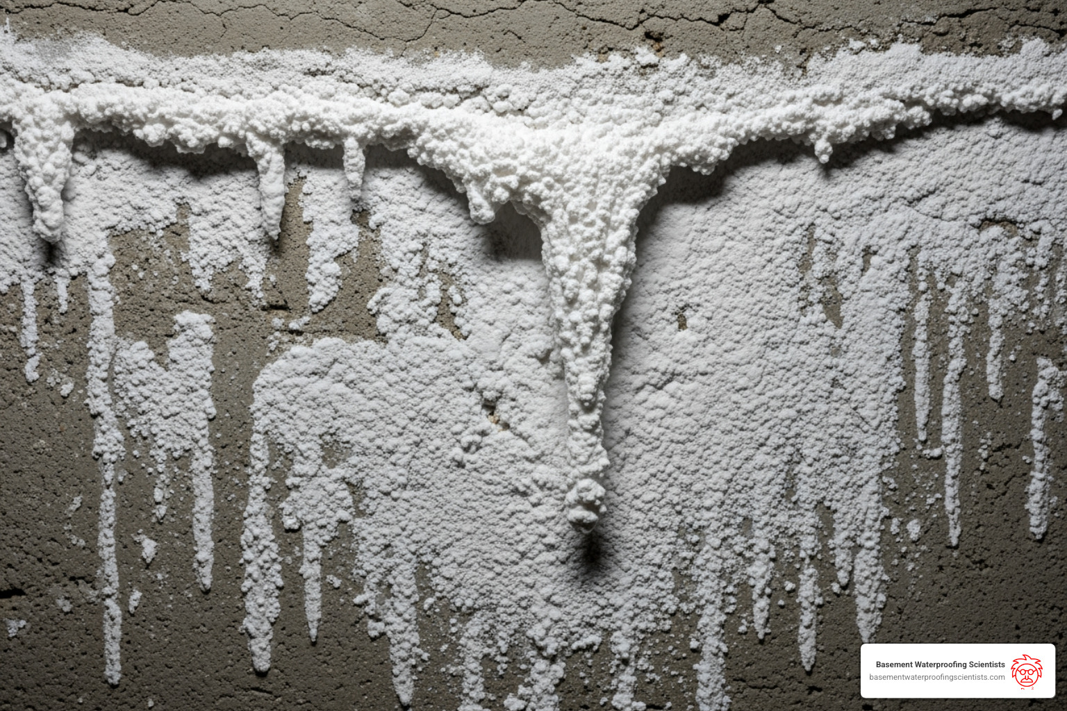 white powdery efflorescence on basement wall - repair leak in concrete basement wall