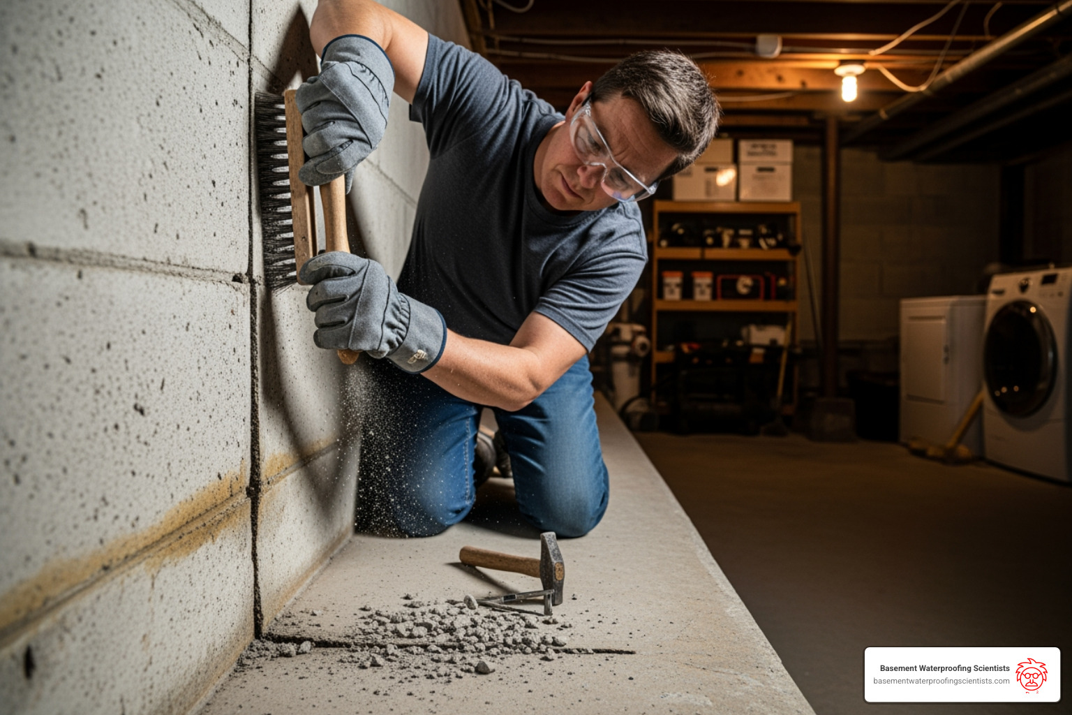 homeowner preparing crack for repair - repair leak in concrete basement wall