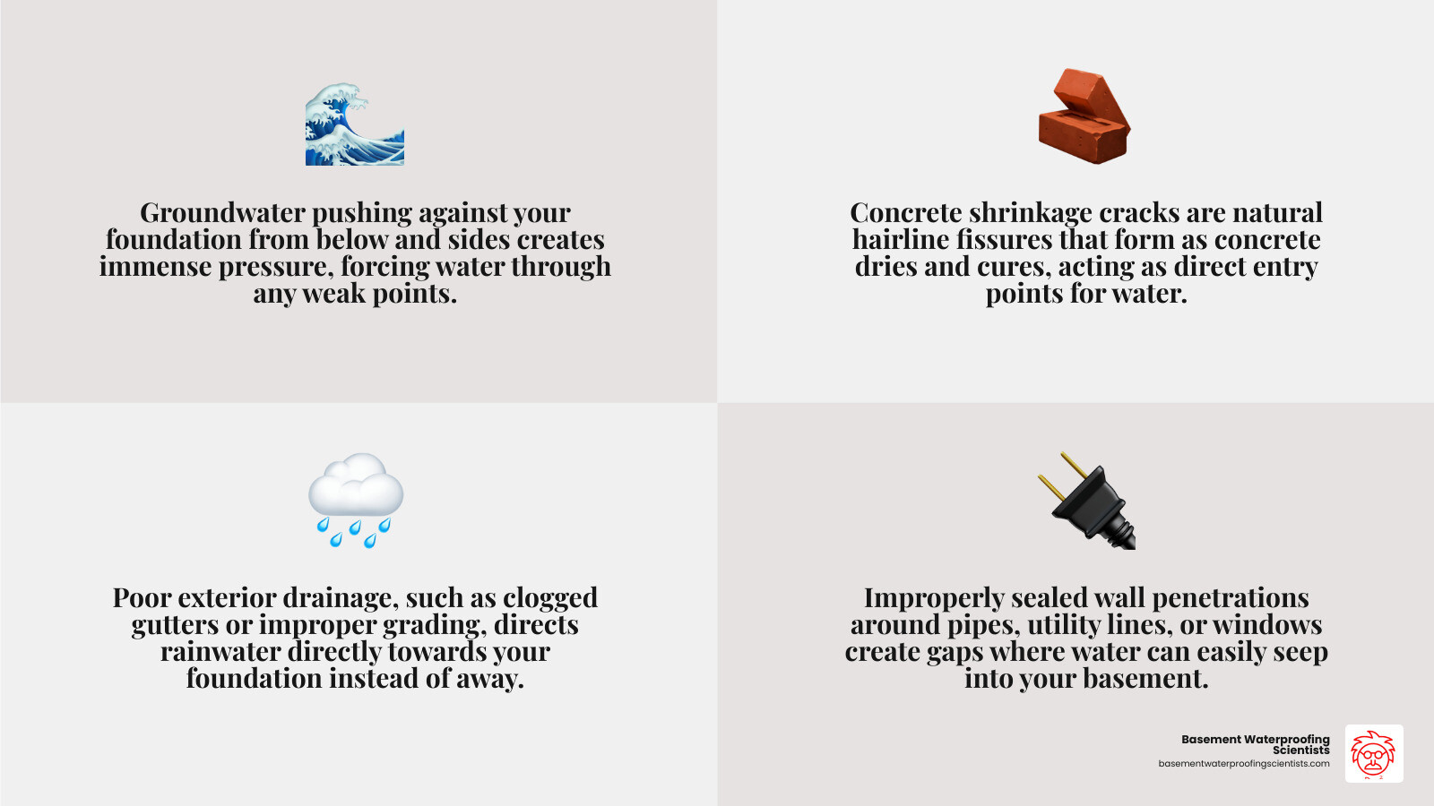 Infographic showing the three main causes of basement wall leaks: 1) Hydrostatic Pressure - groundwater pushing against foundation from below and sides, illustrated with blue arrows pointing at foundation; 2) Concrete Shrinkage Cracks - natural hairline cracks that form as concrete cures over time, shown as thin lines in wall; 3) Poor Exterior Drainage - clogged gutters, short downspouts, and improper grading directing water toward foundation instead of away from it - repair leak in concrete basement wall infographic 4_facts_emoji_grey