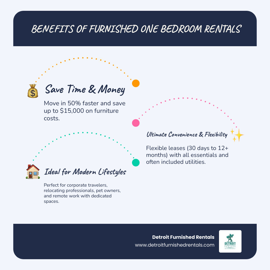 Infographic showing benefits of furnished one bedroom rentals: 50% faster move-in time, $15,000 average savings on furniture costs, flexible lease terms from 30 days to 12+ months, includes all essentials like kitchen equipment and linens, ideal for corporate travelers and relocating professionals, pet-friendly options available, dedicated workspaces for remote work, utilities often included in monthly rent - Furnished one bedroom infographic infographic-line-3-steps-blues-accent_colors