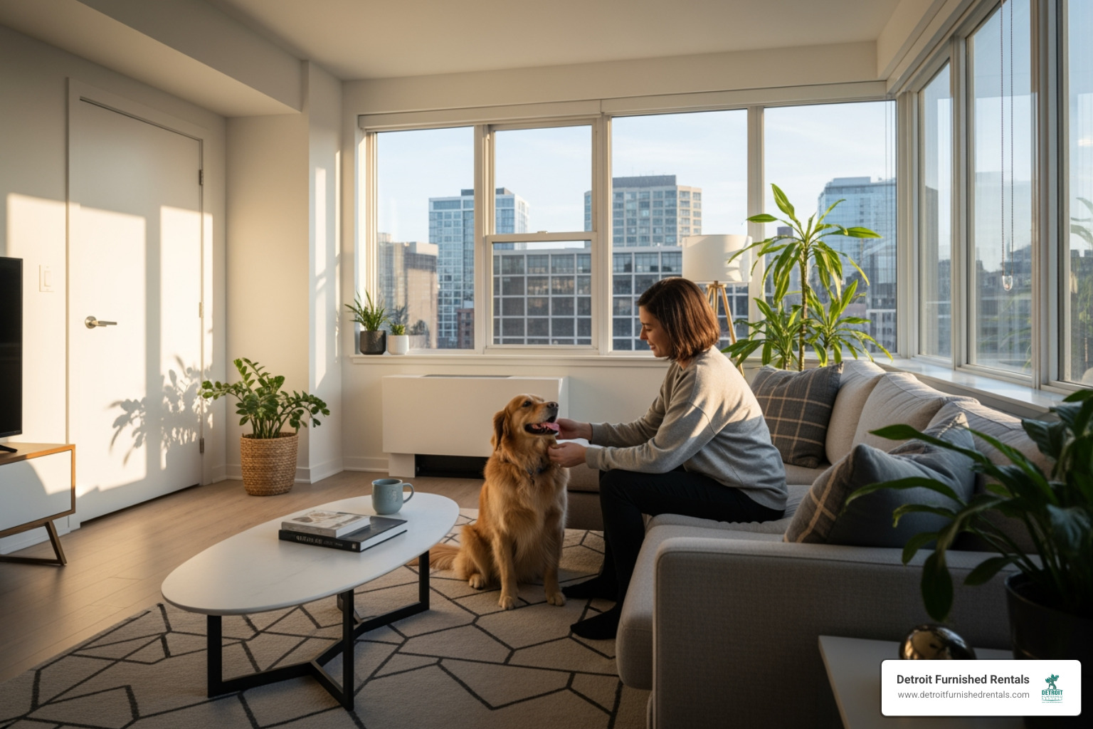 Person with their dog in a modern apartment - Furnished one bedroom
