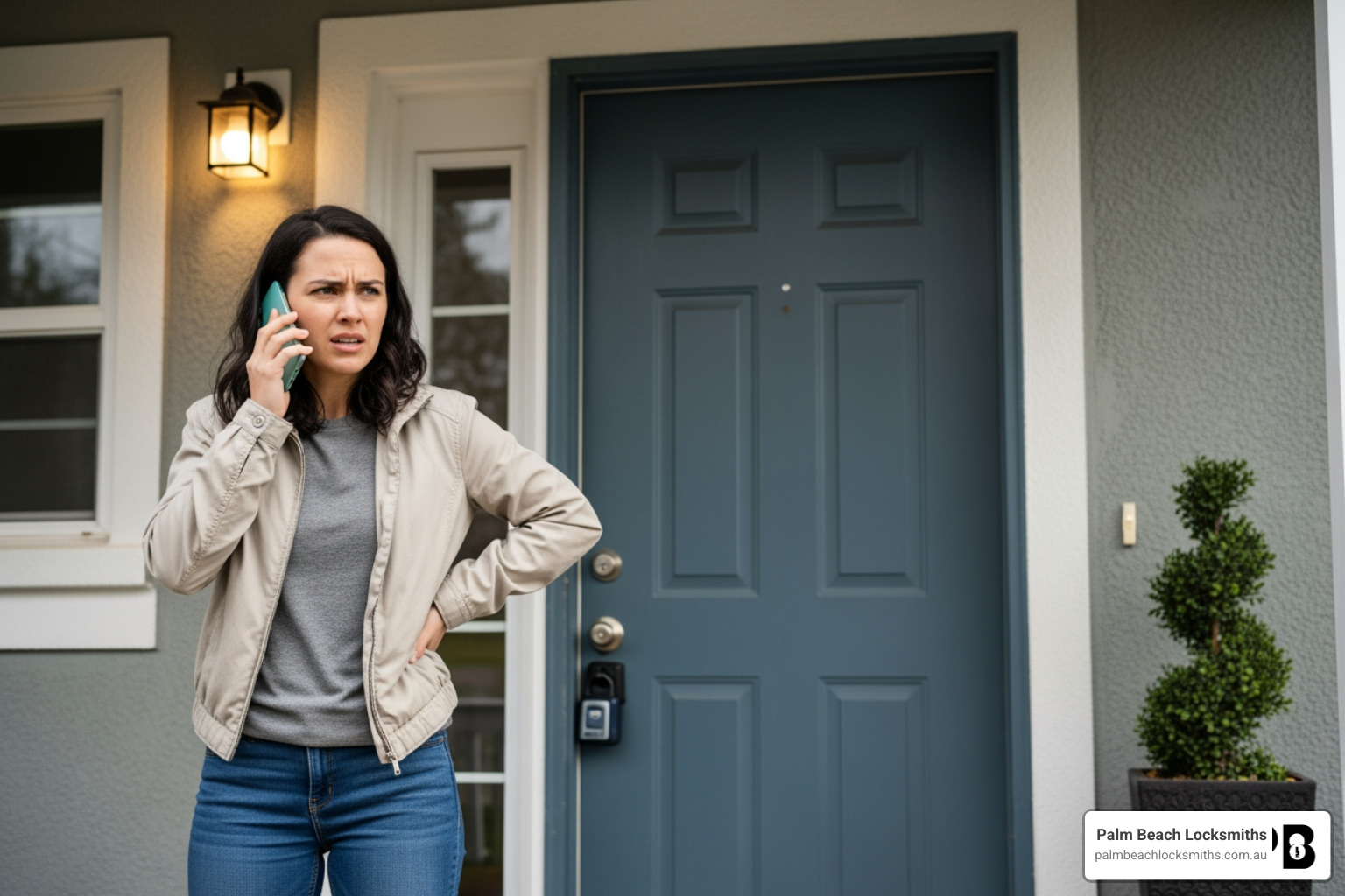 Frustrated homeowner using her mobile to call a 24/7 locksmith Currumbin service for fast entry and security assistance at her front door. Frustrated homeowner using her mobile to call a 24/7 locksmith Currumbin service for fast entry and security assistance at her front door.