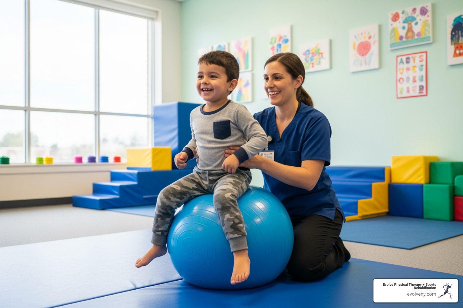 a child smiling while using a therapy ball with a therapist's guidance - pediatric physical therapy