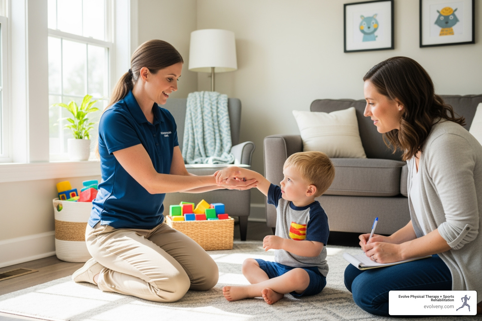 a therapist demonstrating a home exercise to a parent and child - pediatric physical therapy