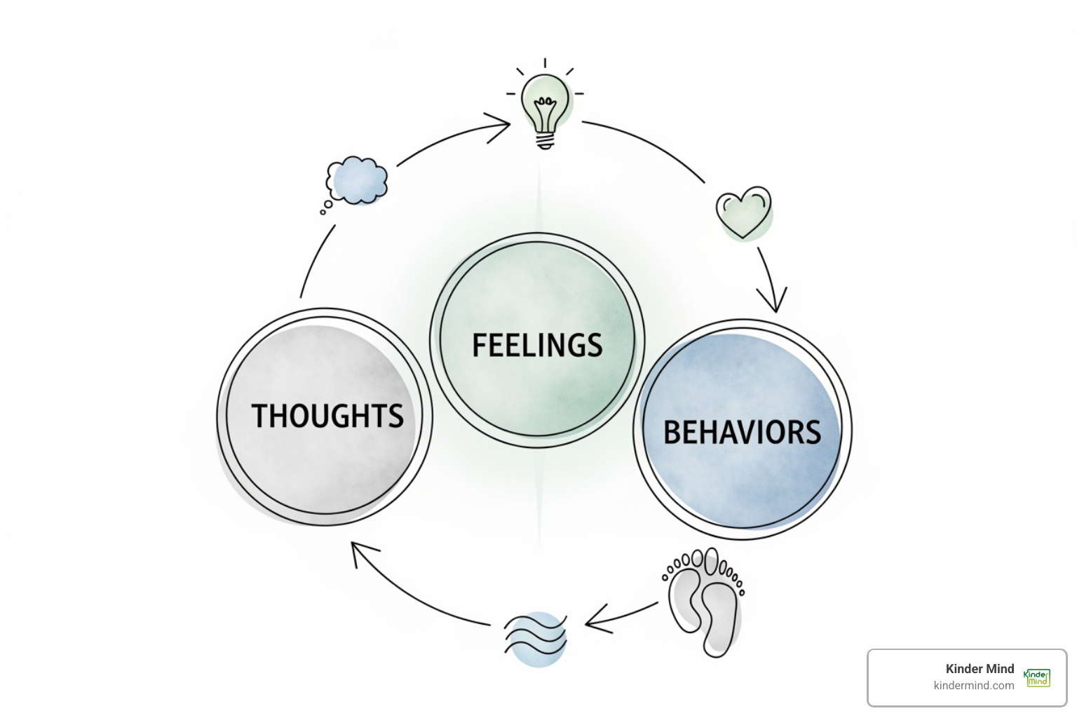 diagram showing the cycle of thoughts, feelings, and behaviors in CBT - Virtual therapy for anxiety