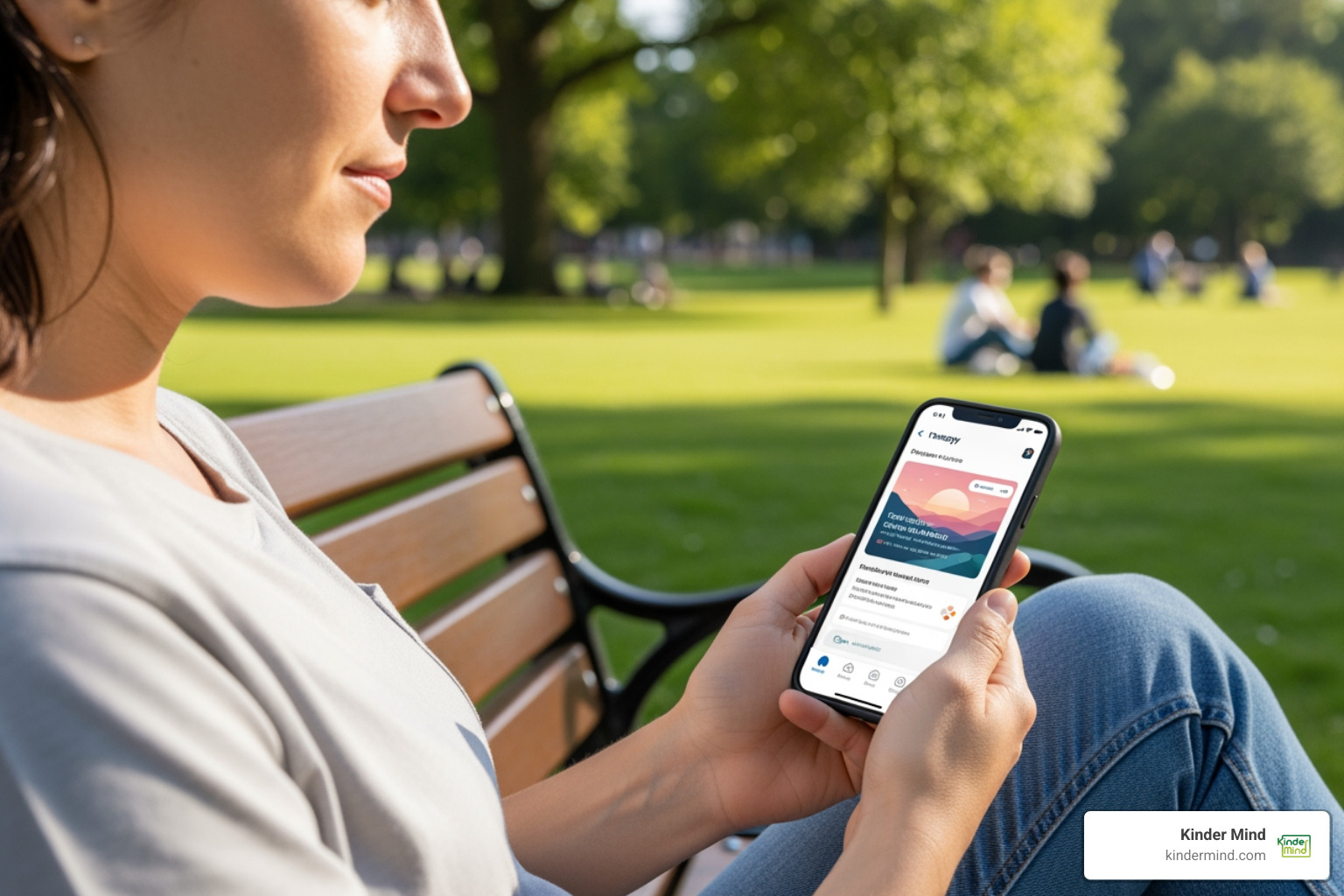 person using a therapy app on their phone in a park - Virtual therapy for anxiety