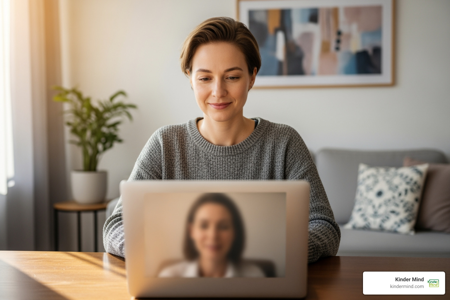 person looking calm while video chatting with therapist on laptop at home - Virtual therapy for anxiety